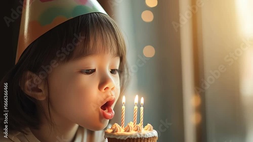 Asian girl blowing out candles on birthday cupcake with joy  