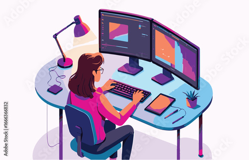 Digital Workspace: A graphic portrays a female deeply engrossed in creative work, utilizing dual monitors, a tablet, and other essential tools, indicating a modern workspace