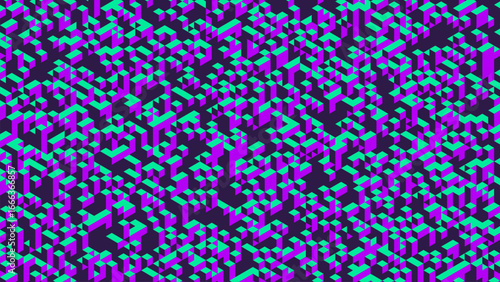 Voxel chaos filled with isometric countless tiny cubes arranged in irregular geometric structure. Futuristic chaotic voxel cubes. Voxel art for futuristic digital artwork or creative visualization