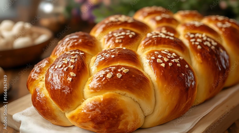 Feast messy table bread in the shape of a sweet challah Feast messy table bread in the shape of a sweet challah