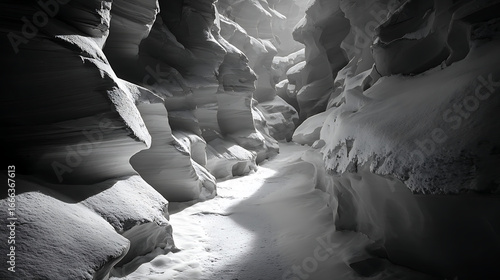 Unique rock formations in a snowy canyon illuminated by soft light create a serene atmosphere in this remote location