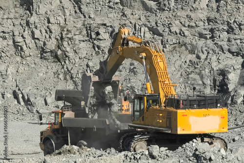Excavator in gold mining quarry, special equipment