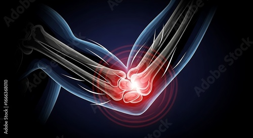 Medical Illustration: Human Elbow Joint Pain, Red Glowing Inflammation