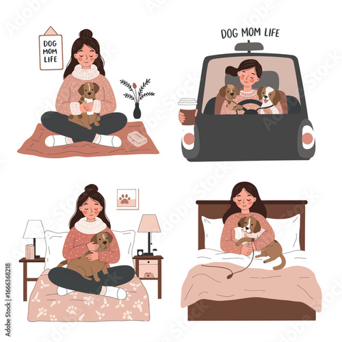 Happy Dog Mom Lifestyle: Cozy Home Scenes with Adorable Puppies, Illustrated Vector Set