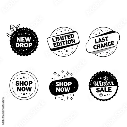 Six Stylish Black and White Sale Badges: New Drop, Limited Edition, Last Chance, Shop Now (two styles), Winter Sale.