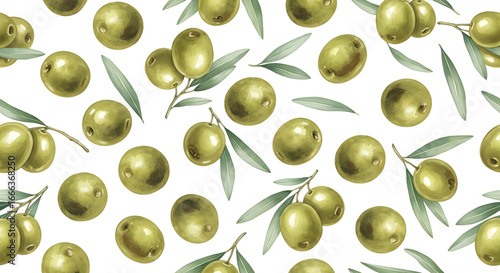 Olive branch Pattern with green leaves and fruits. Hand drawn background for textile or wrapping paper. Watercolor illustration for fabric print