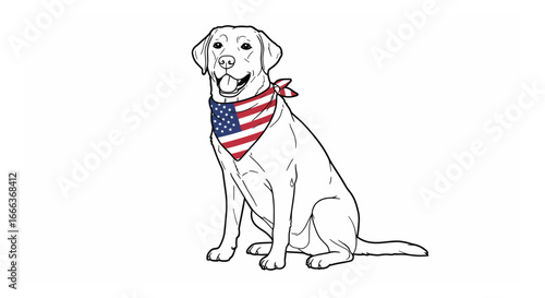 Patriotic Labrador Retriever Line Art Illustration, American Flag Bandana, Happy,  Fourth of July,  Dog,  Vector Graphic.