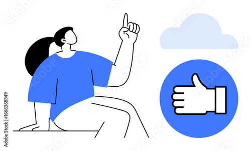 Female figure sitting and pointing upward, blue thumb-up icon, and cloud. Ideal for motivation, approval, teamwork, positivity, creativity, decision-making simple landing page