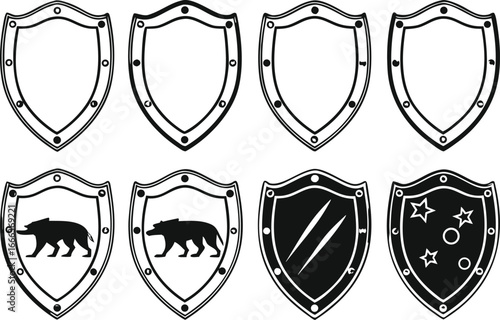 Eight shield emblems with varied designs including bears and geometric shapes crest badge