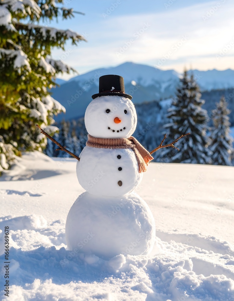 Obraz premium Snowy Snowman in Mountain Winter Landscape, Winter Fun.