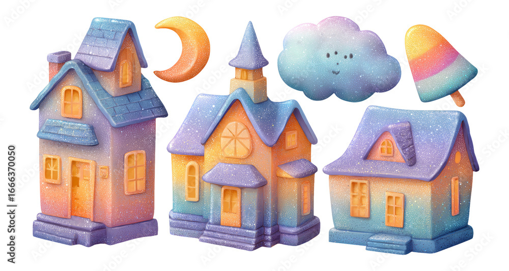 Fototapeta premium Whimsical Houses and Magical Elements on Transparent Background