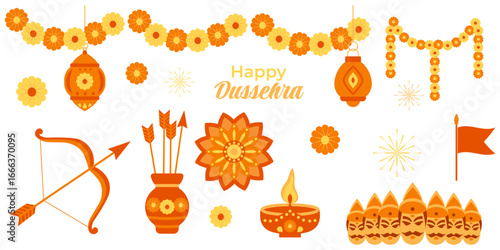 Colorful festive illustration for Hindu festival Dussehra with bow and arrow, garlands, lamps, Ravana heads, fireworks, flowers, and traditional decorations. Perfect for celebration design.