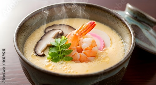 Traditional Japanese Steamed Egg Custard Chawanmushi with Shrimp and Mushroom