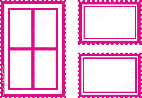 Three pink postage stamp frames with perforated edges on white background border perforation