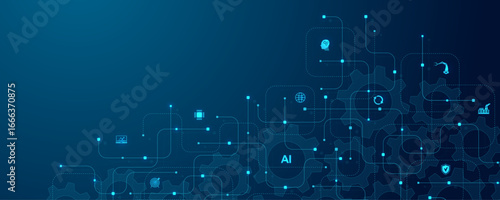 AI circuit board abstract background with chip and circuit components. Creative innovation idea AI banner for internet technology, poster, cover, banner, header, web presentation Digital motherboard
