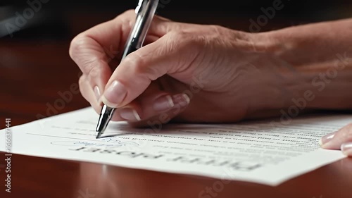 Hand signs document with silver pen on dark wooden desk, close up view