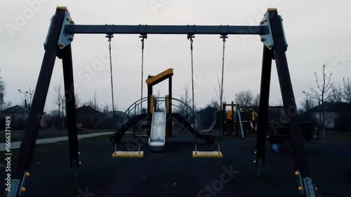A serene outdoor scene showcases a swing set silhouetted against a soft, overcast sky, evoking a sense of tranquility and childhood memories within a quiet environment.