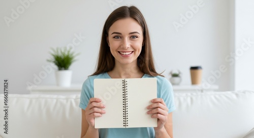 Positive Thinking Day Concept with Smiling Woman Holding Motivational Notebook in Bright White Living Room with Coffee and Plant Free Download Positive Thinking Day Concept with Smiling Woman Holding Motivational Notebook in Bright White Living Room with Coffee and Plant - GFXLoad