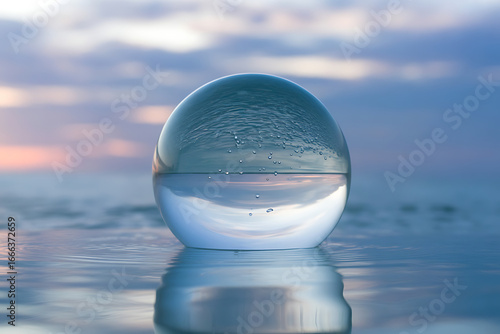 Crystal ball reflecting tranquil sea and sunset sky, creating a serene, meditative atmosphere, perfect for visual concepts