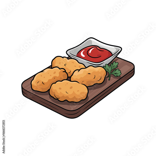 Delicious Chicken Nuggets and Ketchup Dip on a Wooden Board, a Crispy Snack Delight