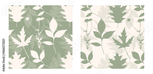 Set green textile patterns. Soft patterns with leaves silhouettes. Herbarium.