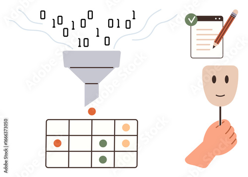 Funnel processing binary inputs into organized grid, checklist with pencil, and hand holding facemask representation. Ideal for data processing, organization, identity management, decision making