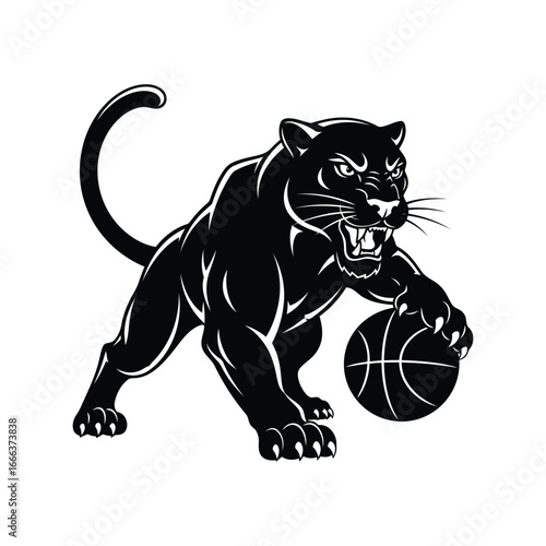 Aggressive black panther mascot playing basketball with fierce expression and dynamic pose vector