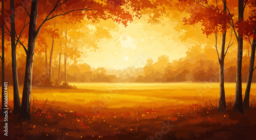 Autumnal forest landscape with golden light painting, vibrant fall foliage