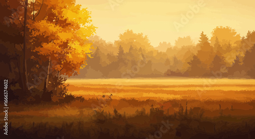 A serene autumn landscape painting depicting golden fields and misty forests