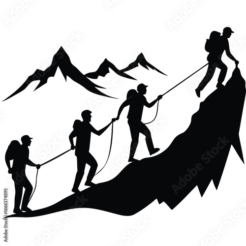 Team of Hikers Climbing Mountain with Rope – Adventure and Teamwork Silhouette Vector