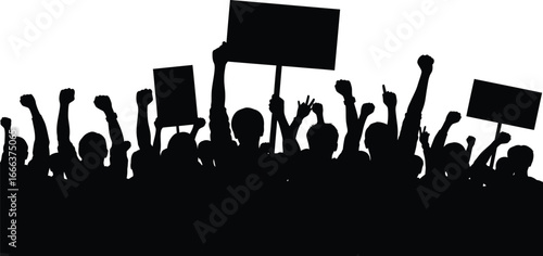 Crowd protesting with signs and raised fists silhouette showing unity and activism vector