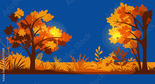 Autumnal Equinox: A Serene Flat Illustration of Trees in Fall Colors at Sunset