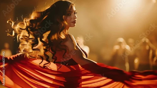 Elegant woman dancing in red dress with flowing hair in spotlight  
