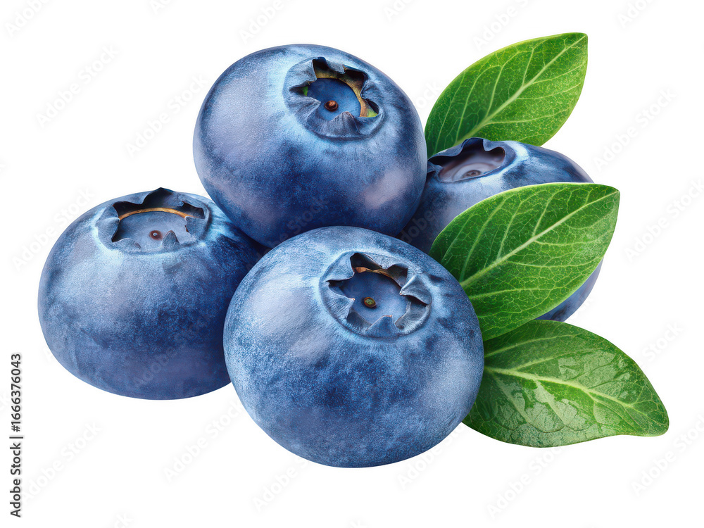 Obraz premium Fresh blueberries with green leaves isolated on transparent background