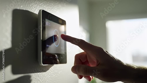 Finger touching the screen of a wall-mounted smart thermostat, brightly lit room behind