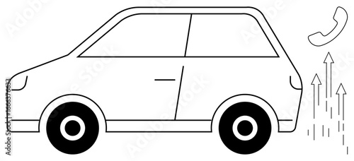 Car accompanied by upward arrows and a phone indicating mobility, communication, innovation, progress, connectivity, and technology. Ideal for transport, telecom, rideshare sustainability and smart