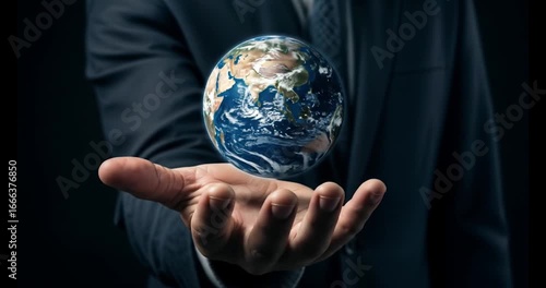 Mysterious figure in dark suit holding glowing Earth symbolizing hidden global power and secret world control from shadows