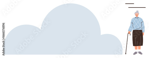 Elderly woman wearing sweater and skirt uses cane near abstract cloud-thumbs up element. Ideal for aging, healthcare, mobility, independence, community, simplicity, compassion themes. Clean simple