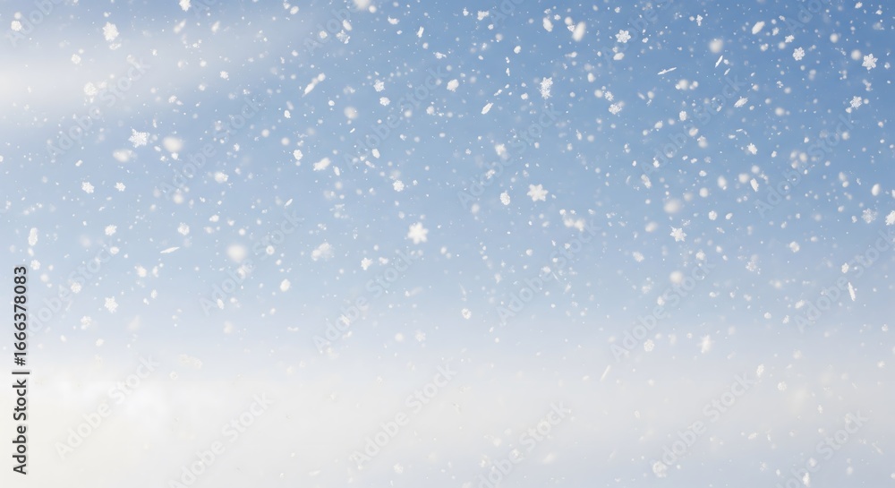 Fototapeta premium Beautiful winter background with gently falling snow and bokeh lights. A serene and magical holiday or Christmas scene.
