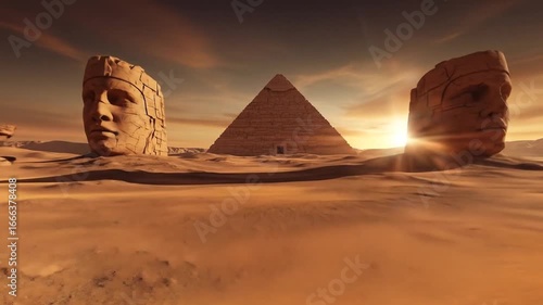Ancient Egyptian Desert: Pyramid, Statues, Sandstorm, Sunset, Dramatic Scene