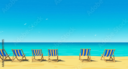 A Serene Beach Scene: Relaxing chairs on sand with ocean and sky background