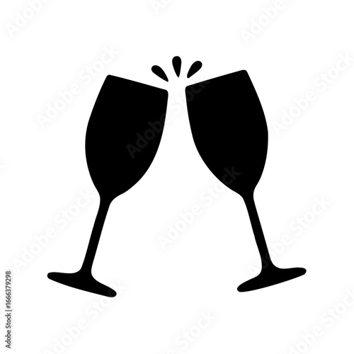 Silhouette of two clinking champagne glasses - Black silhouette of two champagne glasses clinking together, representing celebration, toast, party cheer, romance, and festive gatherings.
