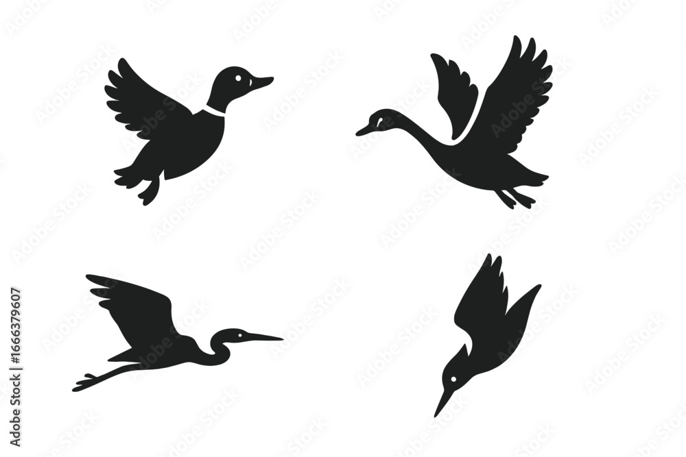 Obraz premium Water birds solid icon set. Vector silhouette collection of flying fowl. Duck ascent, swan takeoff, heron glide, egret & kingfisher dive. Minimalist wildlife pictogram.