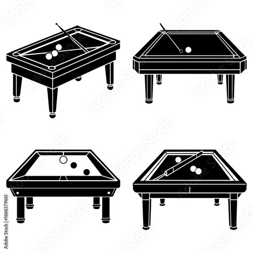 Four different perspectives of a billiard table with balls and cue stick in black and white style art