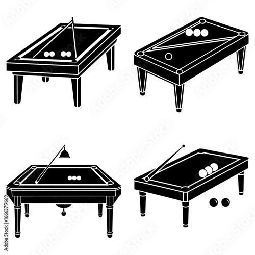 Illustration of four billiard tables with balls and cues in a black and white monochrome design style