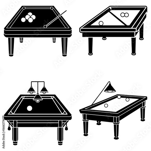 Four different billiard tables in black and white with balls and cues in various configurations shown here