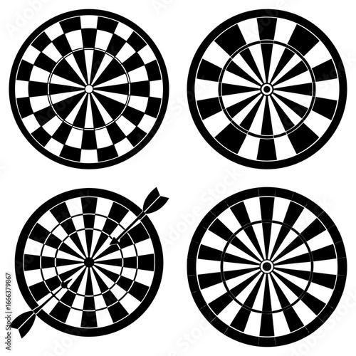Four dartboards in black and white with one dartboard having arrows hitting the center bullseye
