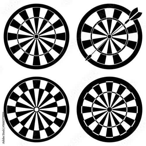 Four black and white dartboards with one dartboard having arrows hitting the bullseye target point
