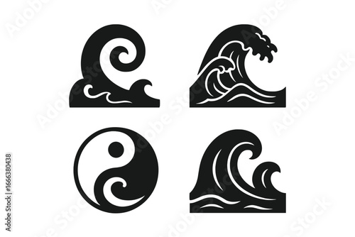 Wave icon set. Japanese ocean wave symbol collection. Stylized black water swirls and spiral shapes. Yin Yang sign for balance and harmony. Surfing and sea concept vector.