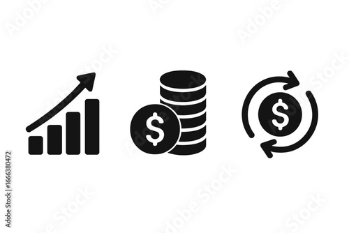 Wealth strategy icon set. Financial growth, investment, and money saving concepts. Vector symbols for profit, income, cash flow, and return on investment for business.